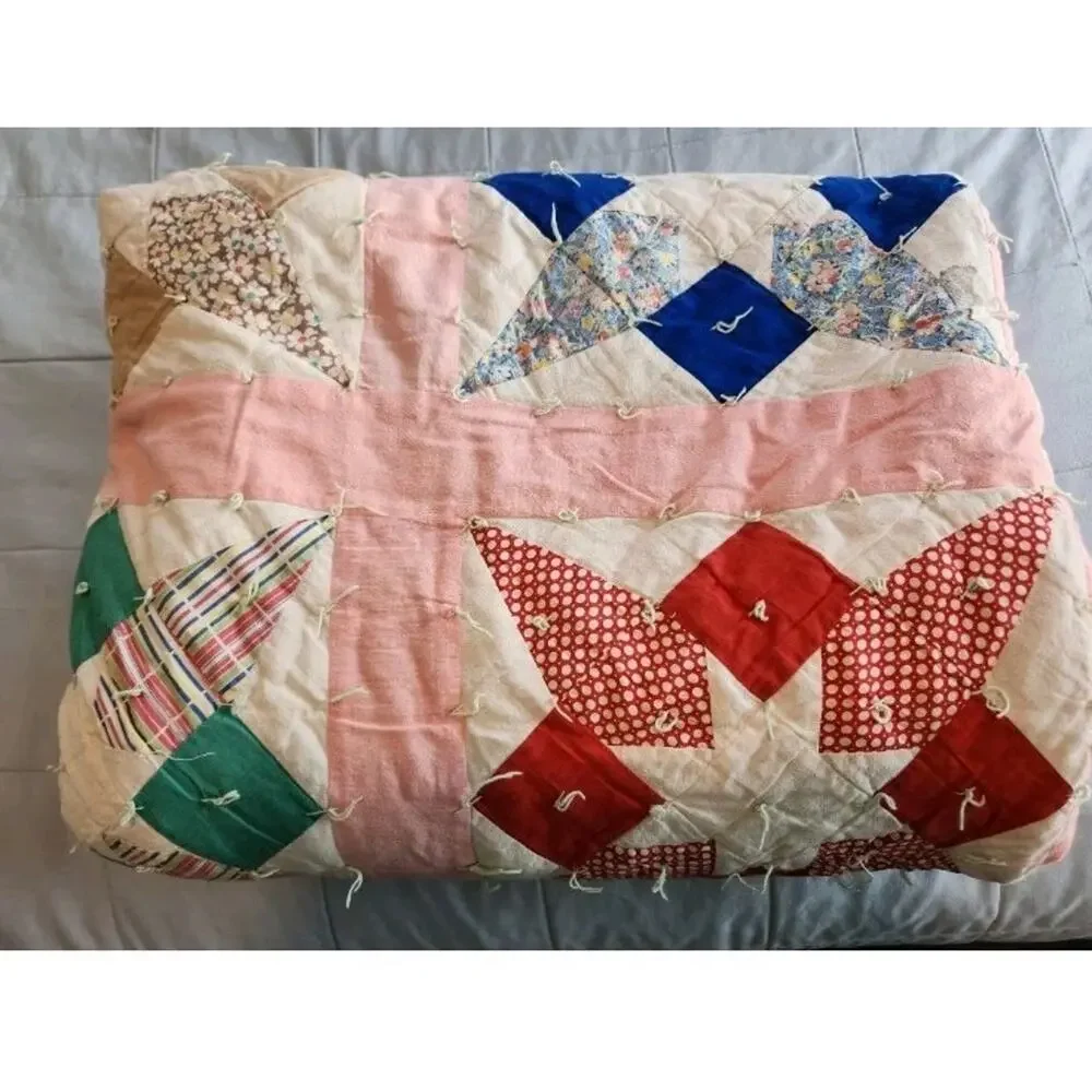 Ohio Star 1940s Feedsack Scrappy Quilt Hand Tied Vintage Folk Art Depression Era